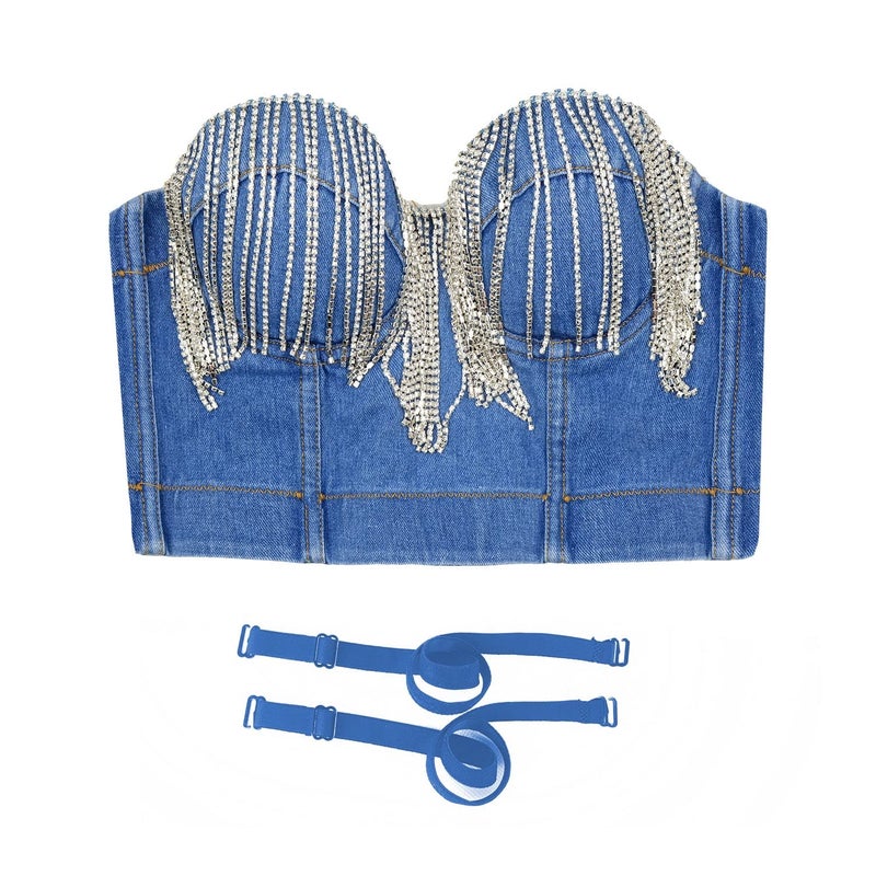 ELLACCI Women's Tassel Rhinestone Denim Bustier Crop Top Jean Corset Top Bra Blue Small - Image 4